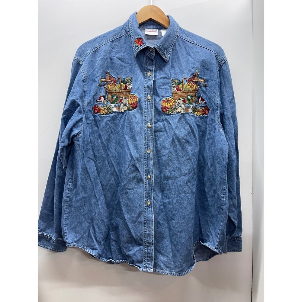 Bobbie Brooks VTG 90 XL Denim Shirt Fall Harvest Pumpkin Teddy Bear Embroidered - Picture 1 of 5